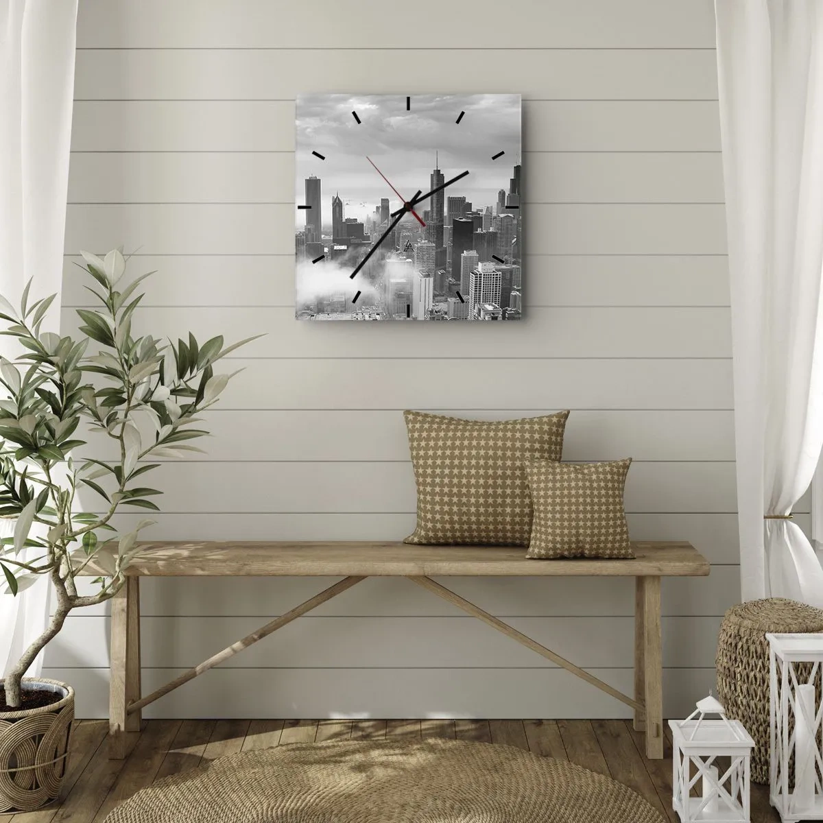 Orologio da parete - Orologio in Vetro - Panorama della città con grattacieli tra le nuvole in bianco e nero - 30x30cm - Paesaggio americano - Decorazione murale moderna per soggiorno e camera da letto ARTTOR