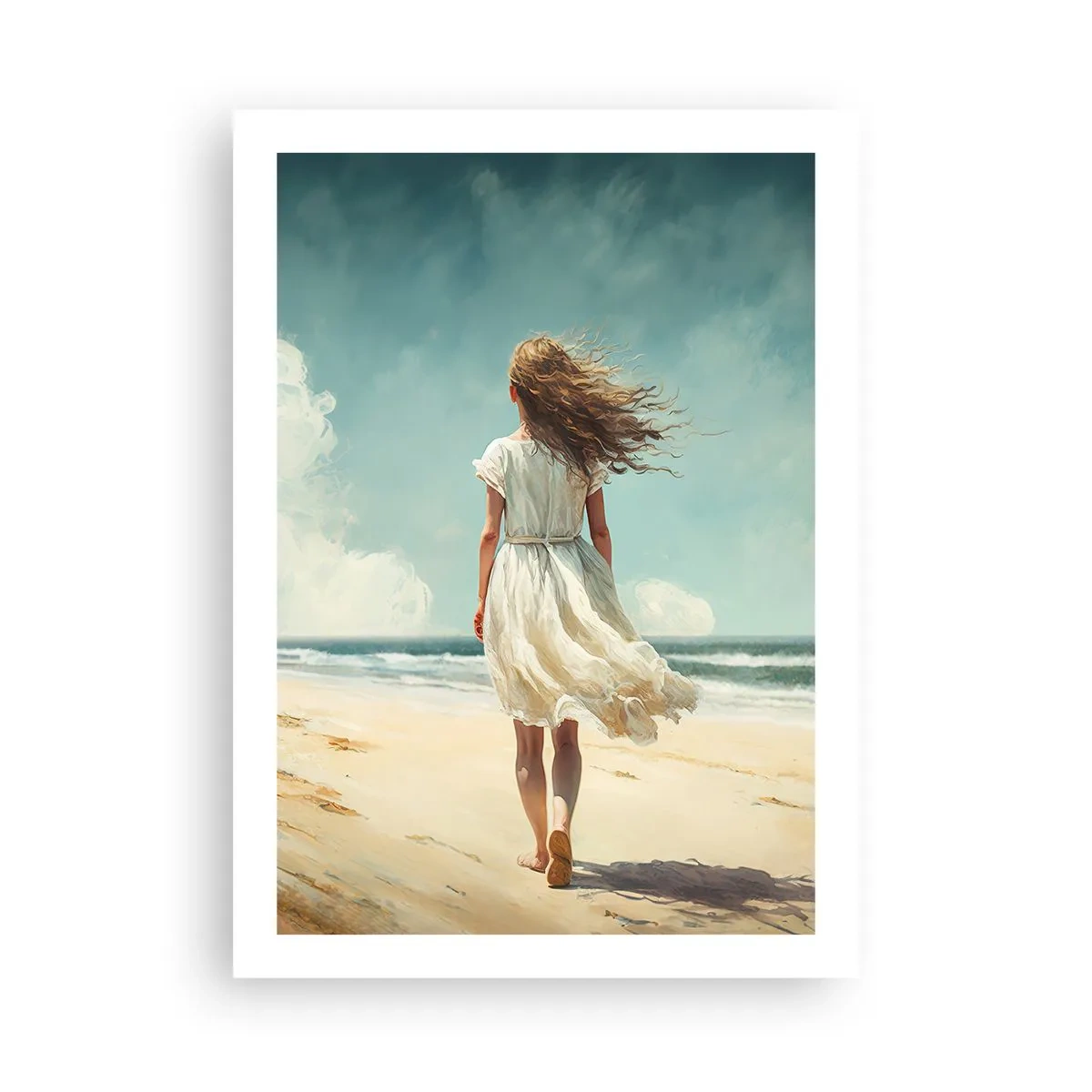 Poster - Una donna in abito bianco che cammina sulla spiaggia in riva al mare - 50x70cm - Dove sole e vento si incontrano - Decorazione murale moderna per soggiorno e camera da letto ARTTOR