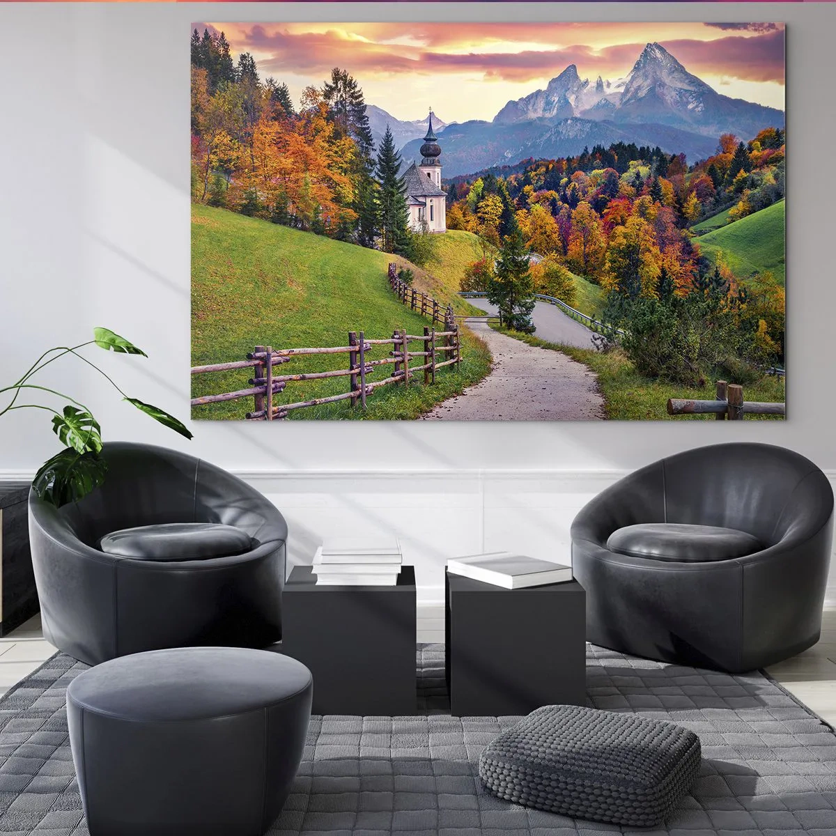 Quadro su vetro - Paesaggio montano autunnale con una chiesa e una strada che attraversa le colline - 70x50cm - Un paesaggio come dipinto - Decorazione murale moderna per soggiorno e camera da letto ARTTOR