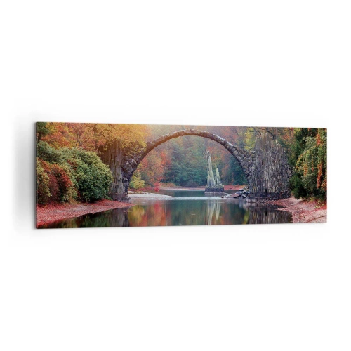 Quadro su tela - Stampe su Tela - Un ponte di pietra in uno scenario autunnale sopra acque calme - 160x50cm - Dall'altro lato dello specchio - Decorazione murale moderna per soggiorno e camera da letto ARTTOR