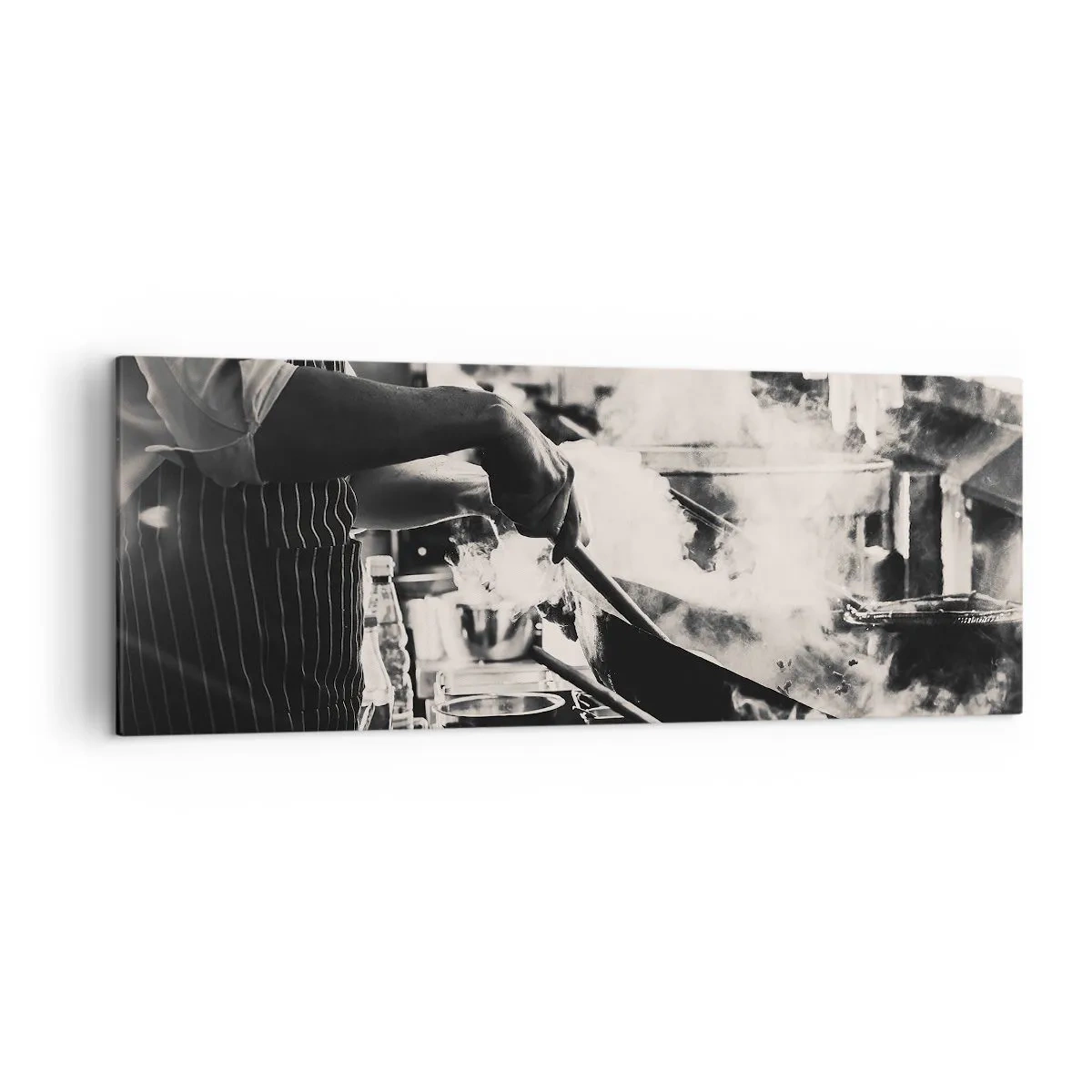 Quadro su tela - Stampe su Tela - Uno chef al lavoro in cucina con il vapore che esce da una padella - 140x50cm - L'alchimia dei sapori - Decorazione murale moderna per soggiorno e camera da letto ARTTOR
