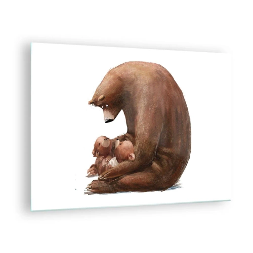 Quadro su vetro - Una mamma orsa che abbraccia due piccoli orsacchiotti - 70x50cm - Sogni d'oro, bambini - Decorazione murale moderna per soggiorno e camera da letto ARTTOR
