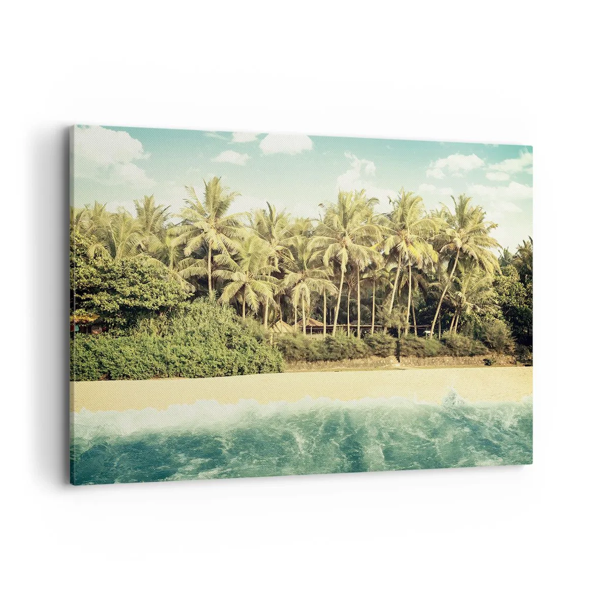 Quadro su tela - Stampe su Tela - Spiaggia tropicale con palme e mare turchese - 120x80cm - Forse qui? - Decorazione murale moderna per soggiorno e camera da letto ARTTOR