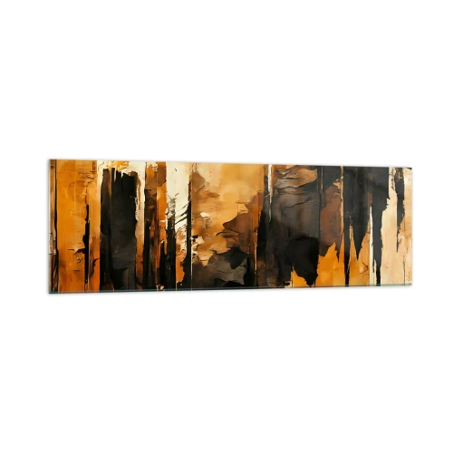 Quadro su vetro - Strisce astratte dorate e nere in una composizione artistica - 160x50cm - Armonia di nero e oro - Decorazione murale moderna per soggiorno e camera da letto ARTTOR