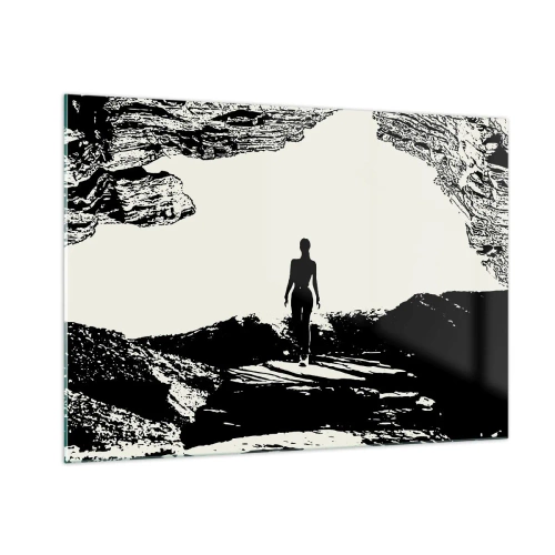 Quadro su vetro - Silhouette di una donna che emerge da una grotta in grafica in bianco e nero - 100x70cm - Un nuovo sguardo - Decorazione murale moderna per soggiorno e camera da letto ARTTOR