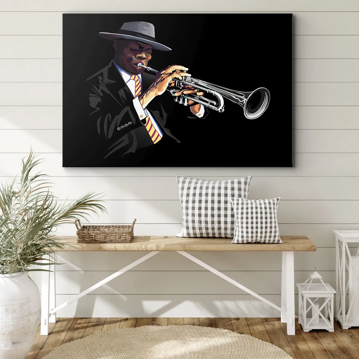 Quadro su tela - Stampe su Tela - Un musicista che suona la tromba su uno sfondo nero - 70x50cm - Il fascino della Old School - Decorazione murale moderna per soggiorno e camera da letto ARTTOR