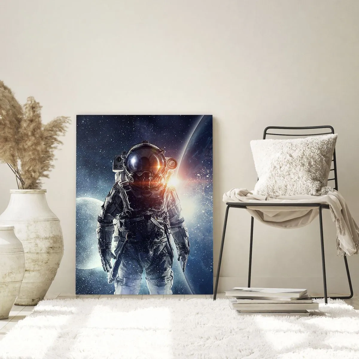Quadro su vetro - Astronauta sullo sfondo di pianeti e stelle - 50x70cm - Avventura nello spazio - Decorazione murale moderna per soggiorno e camera da letto ARTTOR