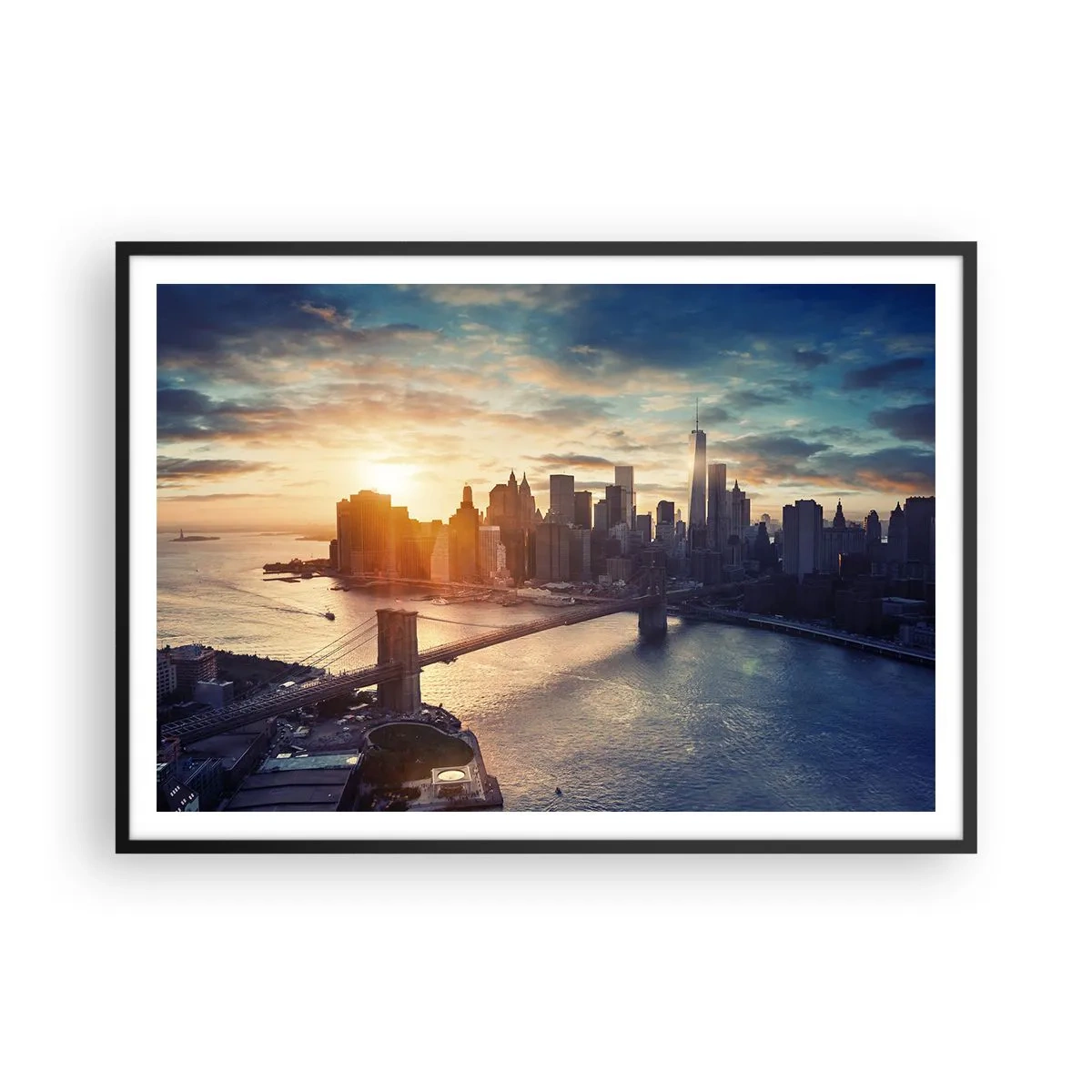 Poster in cornice nera - Panorama della città con il ponte e il fiume alla luce del sole al tramonto - 100x70cm - Il monumento alla cultura dell'occidente - Decorazione murale moderna per soggiorno e camera da letto ARTTOR