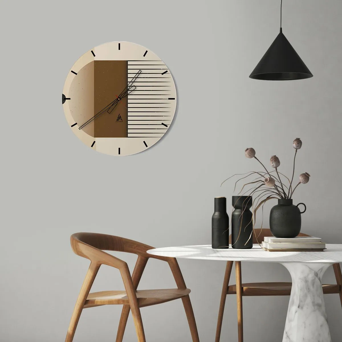 Orologio da parete - Orologio in Vetro - Composizione geometrica con rettangoli e linee marroni su sfondo beige. - 30x30cm - Diversi stati - Decorazione murale moderna per soggiorno, cucina e camera da letto ARTTOR