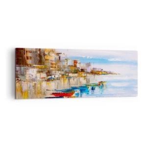 Quadro su tela - Stampe su Tela - Barche colorate sulla riva con vista sullo skyline della città - 140x50cm - Molo cittadino multicolore - Decorazione murale moderna per soggiorno e camera da letto ARTTOR