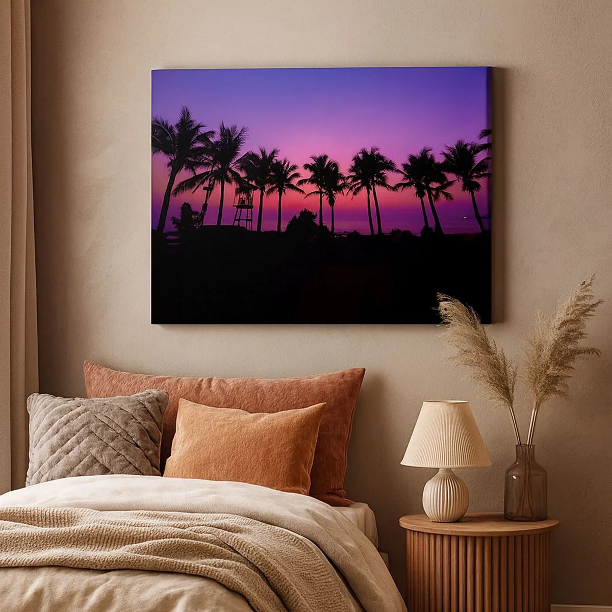 Quadro su tela - Stampe su Tela - Silhouette di palme contro un cielo al tramonto rosa-viola - 70x50cm - Sera sotto le palme - Decorazione murale moderna per soggiorno e camera da letto ARTTOR