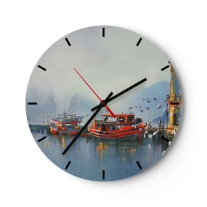 Orologio da parete - Orologio in Vetro - Un porto con barche rosse su acque calme al mattino - 30x30cm - Alla fine del mondo - Decorazione murale moderna per soggiorno, cucina e camera da letto ARTTOR