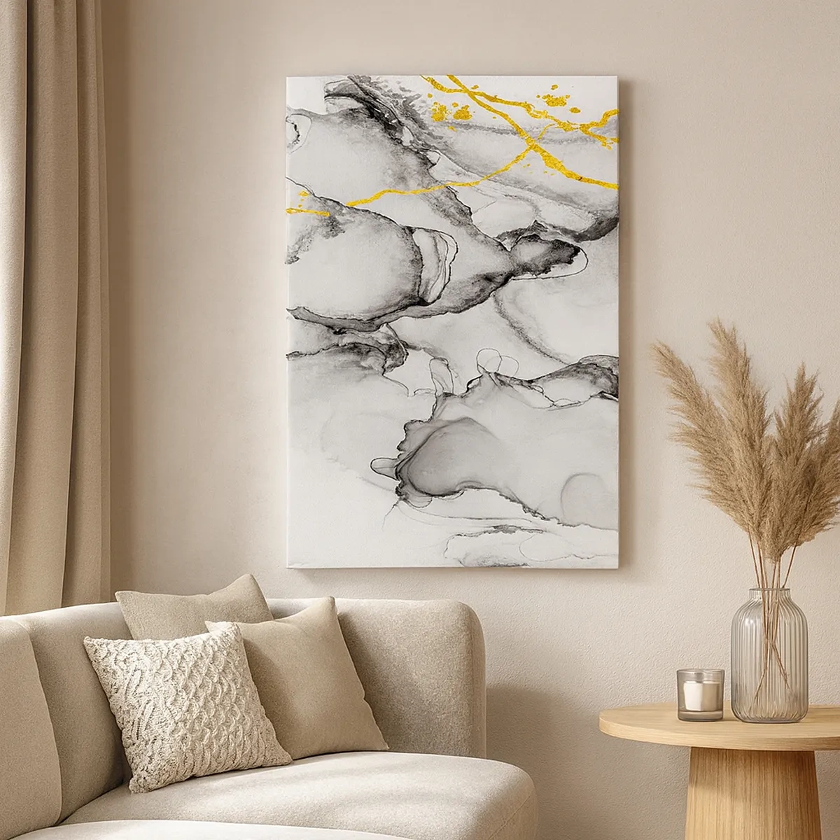 Quadro su tela - Stampe su Tela - Motivi astratti in bianco e nero con accenti dorati - 50x70cm - Composizione con motivo d'oro - Decorazione murale moderna per soggiorno e camera da letto ARTTOR