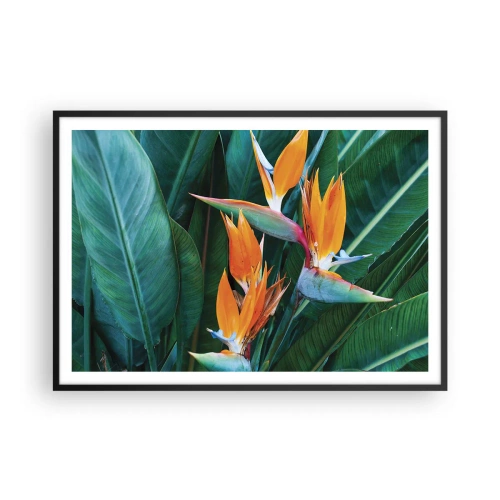 Poster in cornice nera - Fiori esotici di strelitzia circondati da foglie verdi - 100x70cm - È un fiore o un uccello? - Decorazione murale moderna per soggiorno e camera da letto ARTTOR