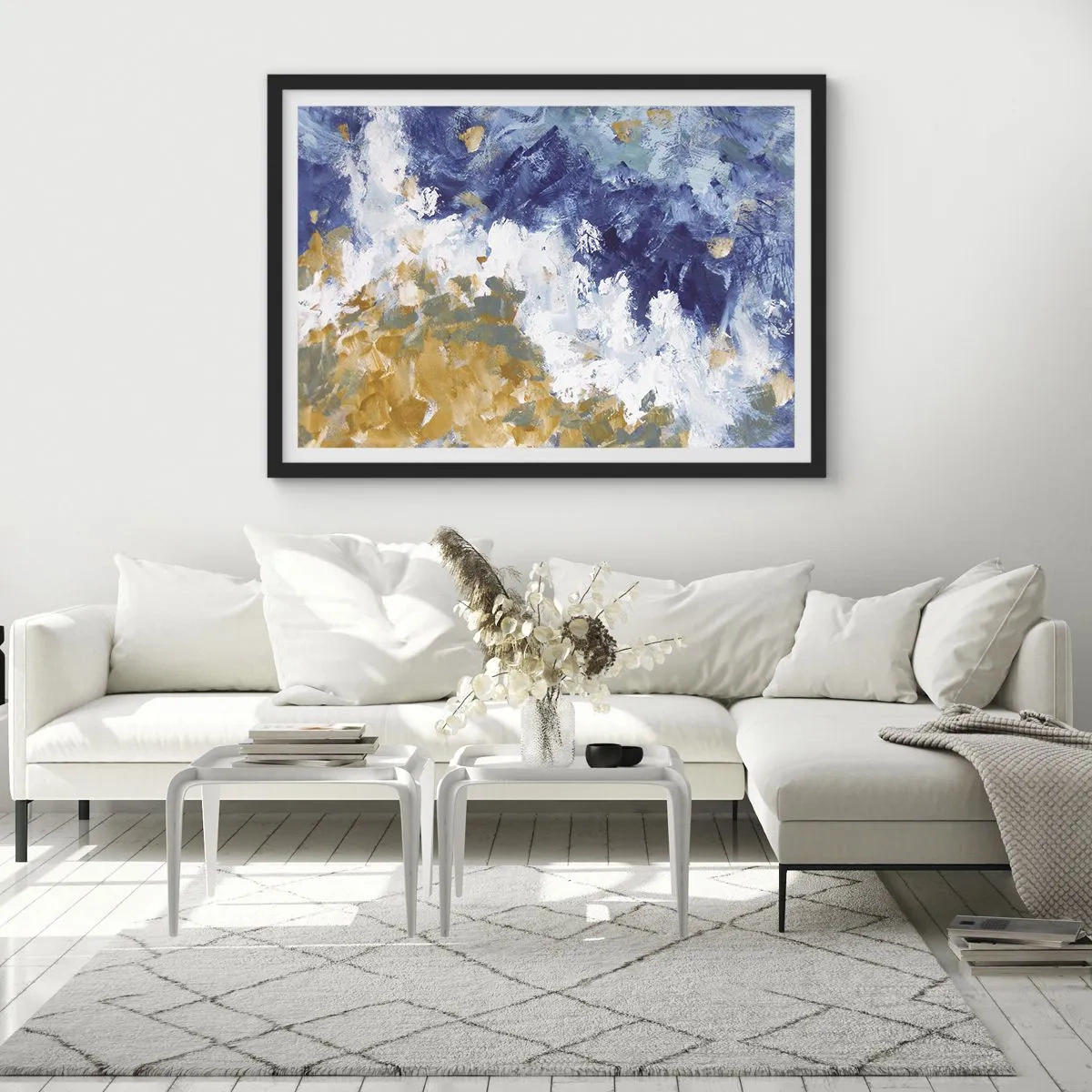 Poster in cornice nera - Astrazione nei toni del blu, bianco e oro - 70x50cm - La danza degli elementi - Decorazione murale moderna per soggiorno e camera da letto ARTTOR