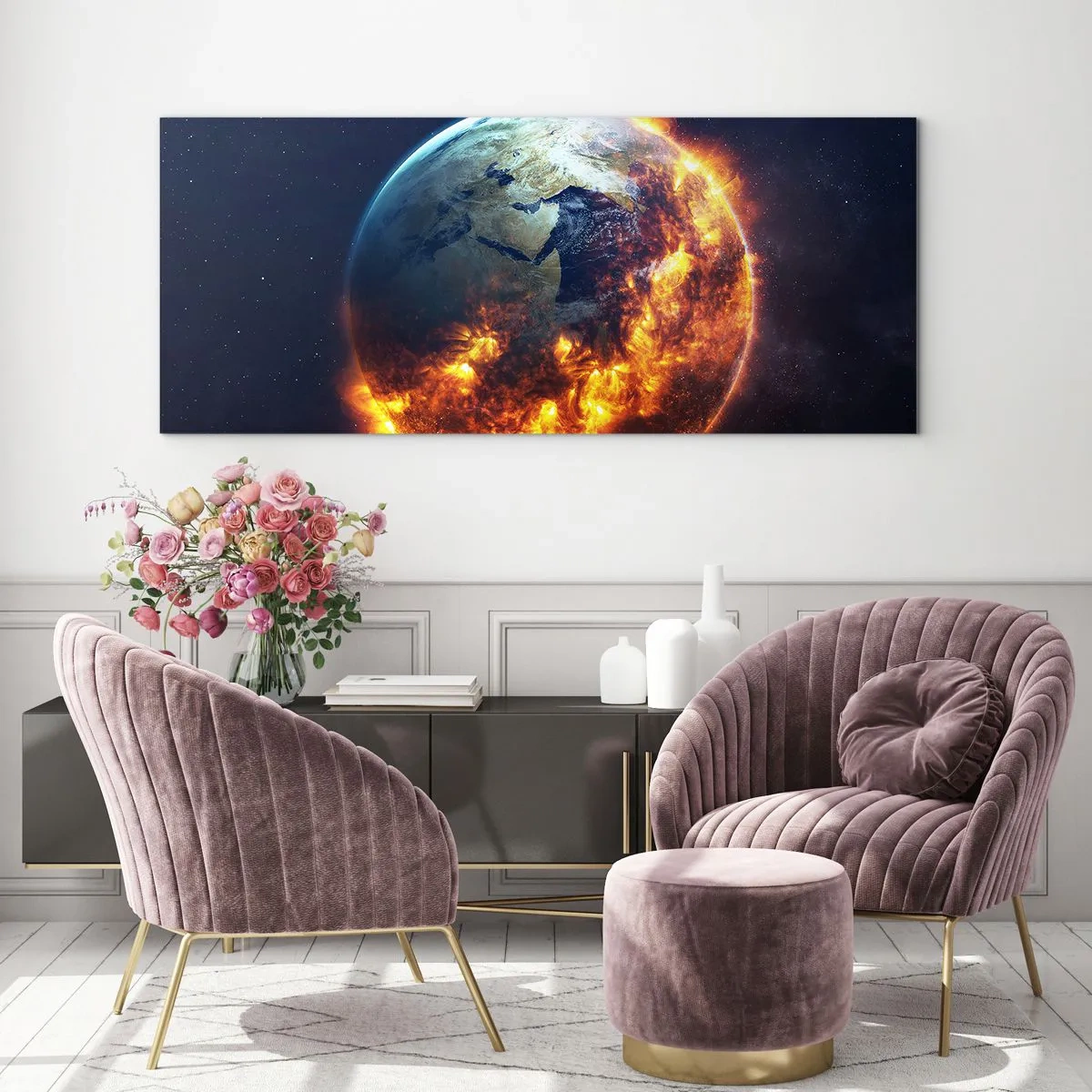 Quadro su vetro - Il pianeta Terra in fiamme nello spazio - 120x50cm - Le fiamme dell'apocalisse - Decorazione murale moderna per soggiorno e camera da letto ARTTOR
