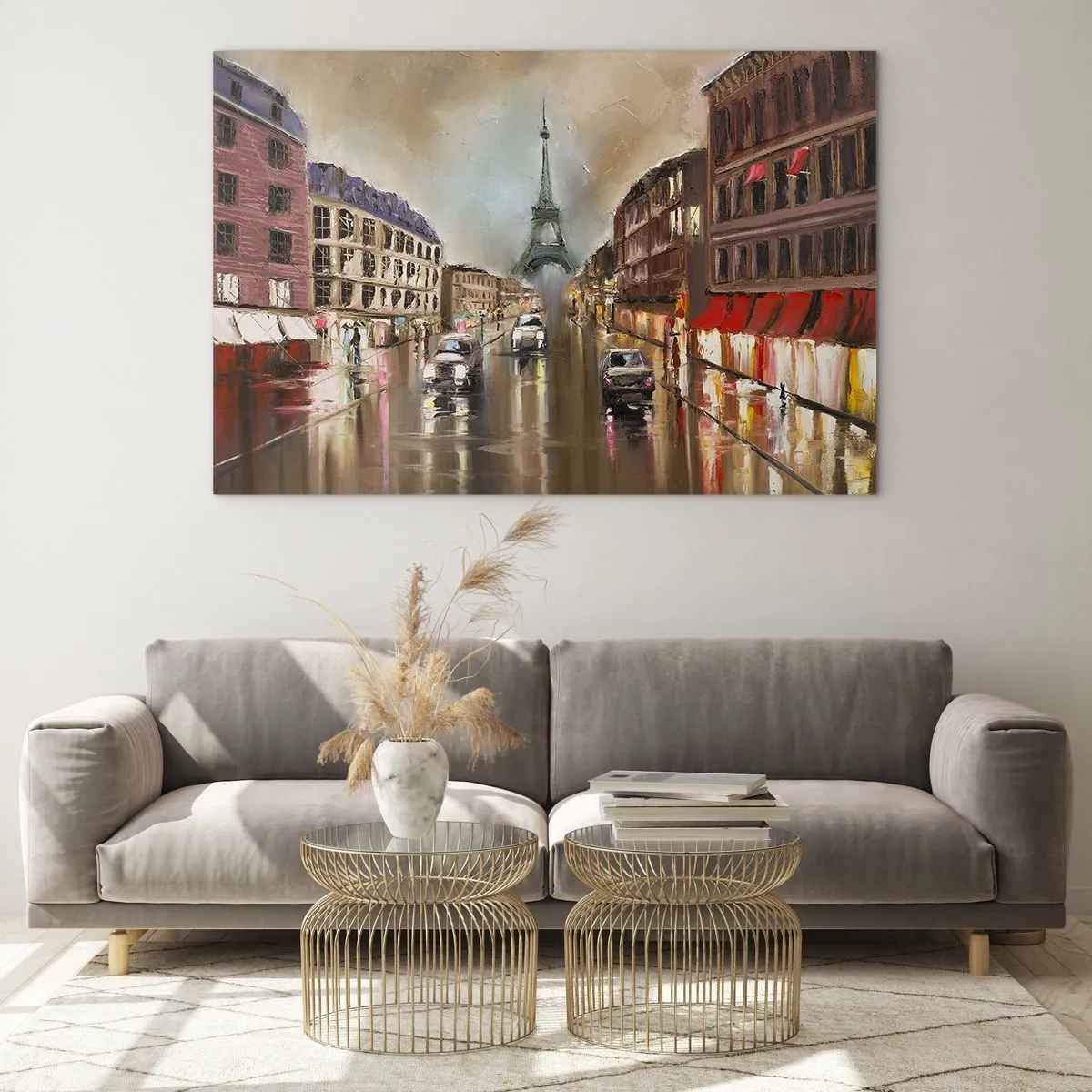 Quadro su vetro - Strada serale di Parigi con vista sulla Torre Eiffel - 120x80cm - Conta solo lei - Decorazione murale moderna per soggiorno e camera da letto ARTTOR