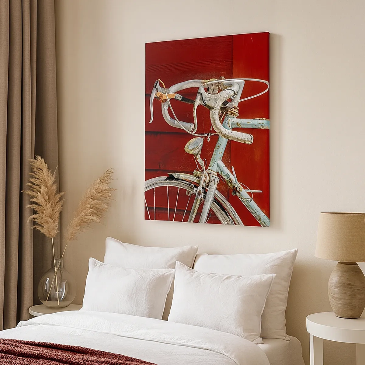 Quadro su tela - Stampe su Tela - Una bicicletta d'epoca contro un muro di legno rosso - 50x70cm - Creata per la vittoria - Decorazione murale moderna per soggiorno e camera da letto ARTTOR