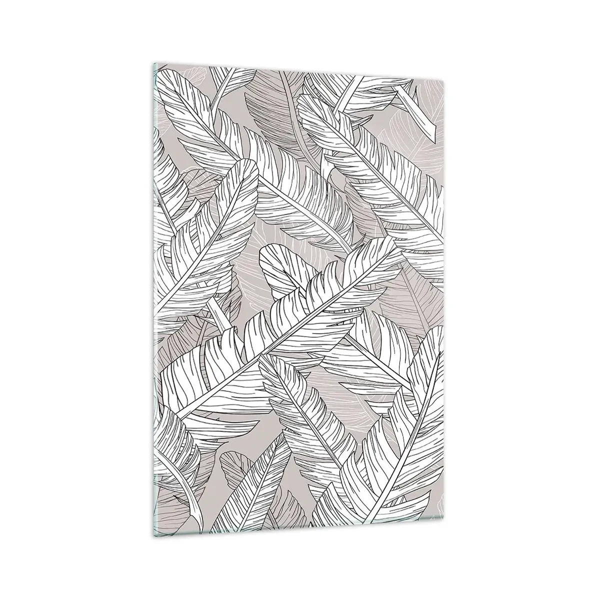 Quadro su vetro - Motivo in bianco e nero con foglie di banano su sfondo chiaro - 80x120cm - Vortice di piume - Decorazione murale moderna per soggiorno e camera da letto ARTTOR