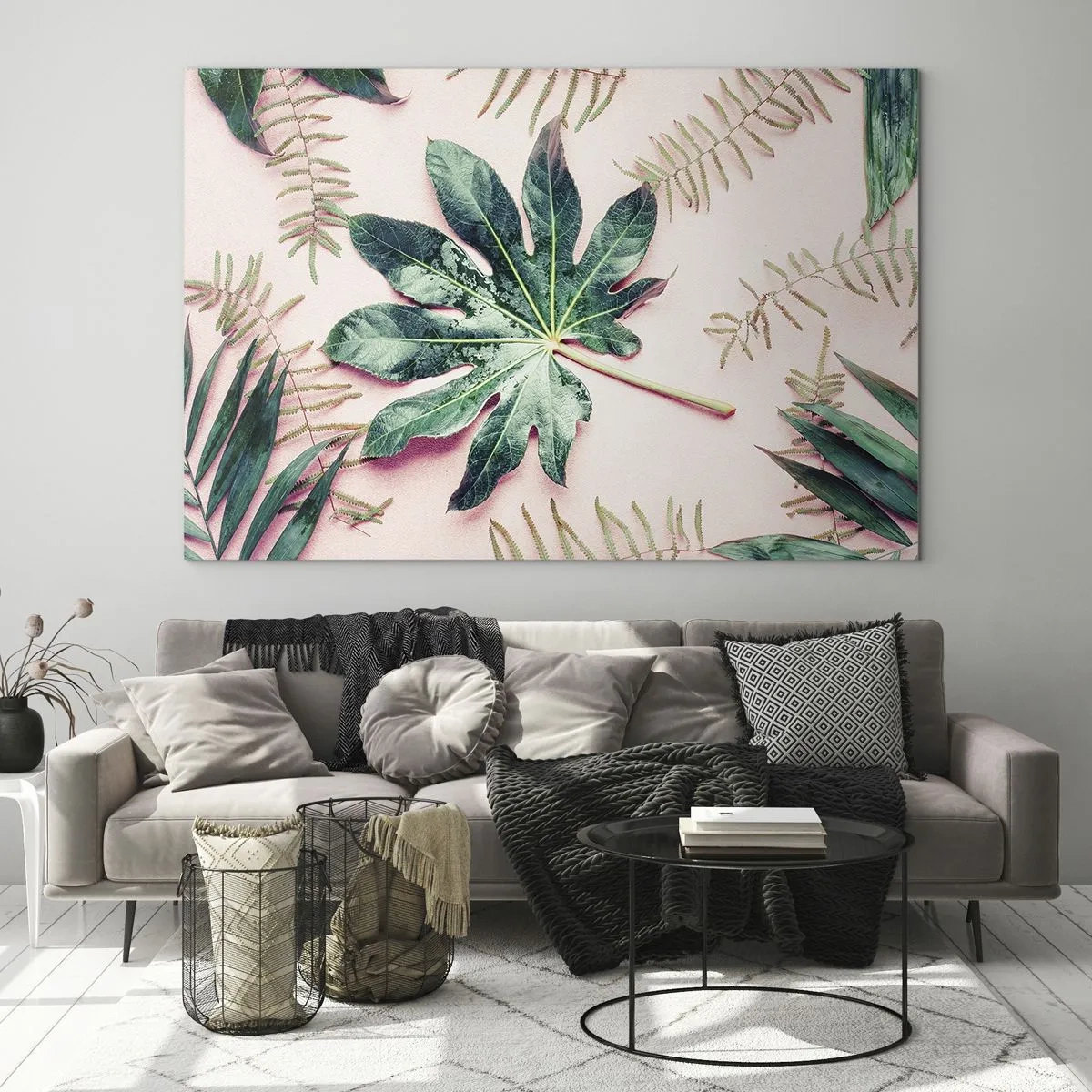 Quadro su vetro - Foglie tropicali su sfondo pastello - 120x80cm - Studio di verde su sfondo rosa - Decorazione murale moderna per soggiorno e camera da letto ARTTOR