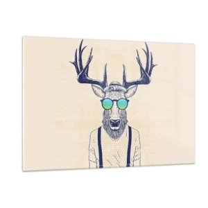 Quadro su vetro - Un elegante cervo con occhiali da sole su uno sfondo chiaro - 120x80cm - E chi ti aspettavi? - Decorazione murale moderna per soggiorno e camera da letto ARTTOR