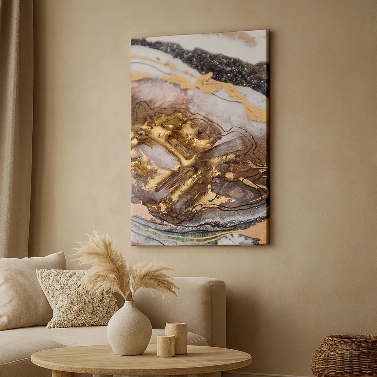 Quadro su tela - Stampe su Tela - Composizione astratta con elementi in oro e cristalli - 50x70cm - L'elemento della terra - Decorazione murale moderna per soggiorno e camera da letto ARTTOR