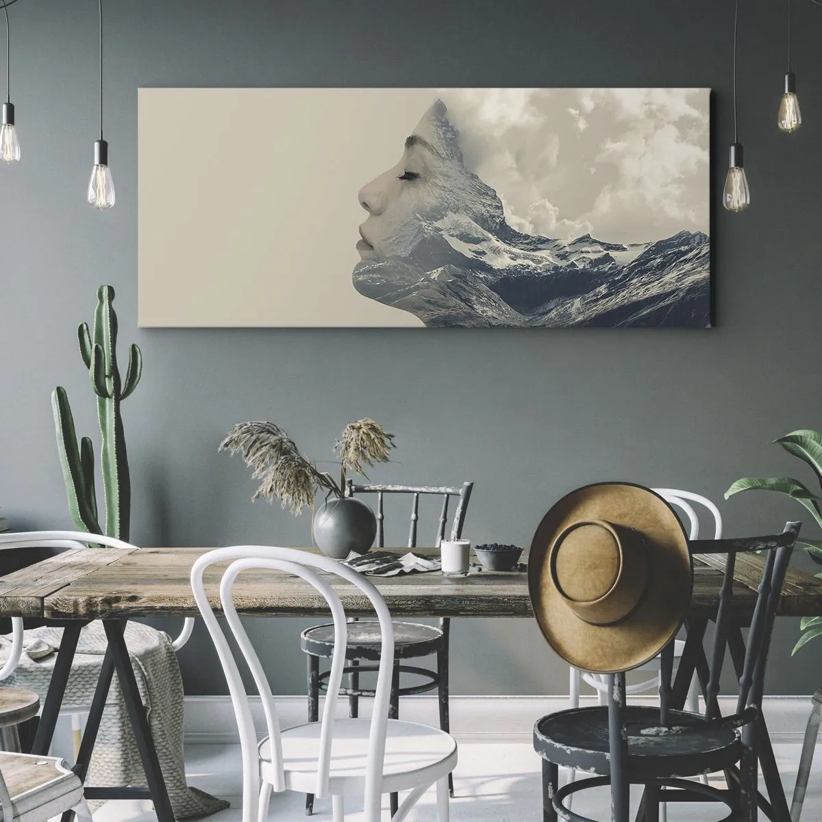 Quadro su tela - Stampe su Tela - Silhouette di una donna con un paesaggio montano sullo sfondo - 160x50cm - La bellezza degli elementi - Decorazione murale moderna per soggiorno e camera da letto ARTTOR