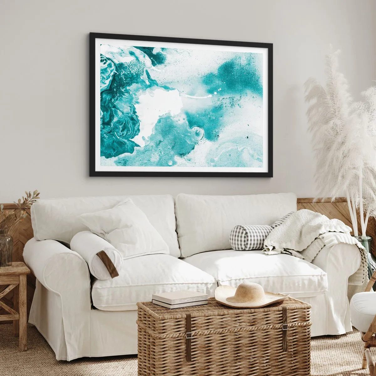 Poster in cornice nera - Astrazione nei toni del blu con delicati accenti di bianco - 70x50cm - Palude blu - Decorazione murale moderna per soggiorno e camera da letto ARTTOR