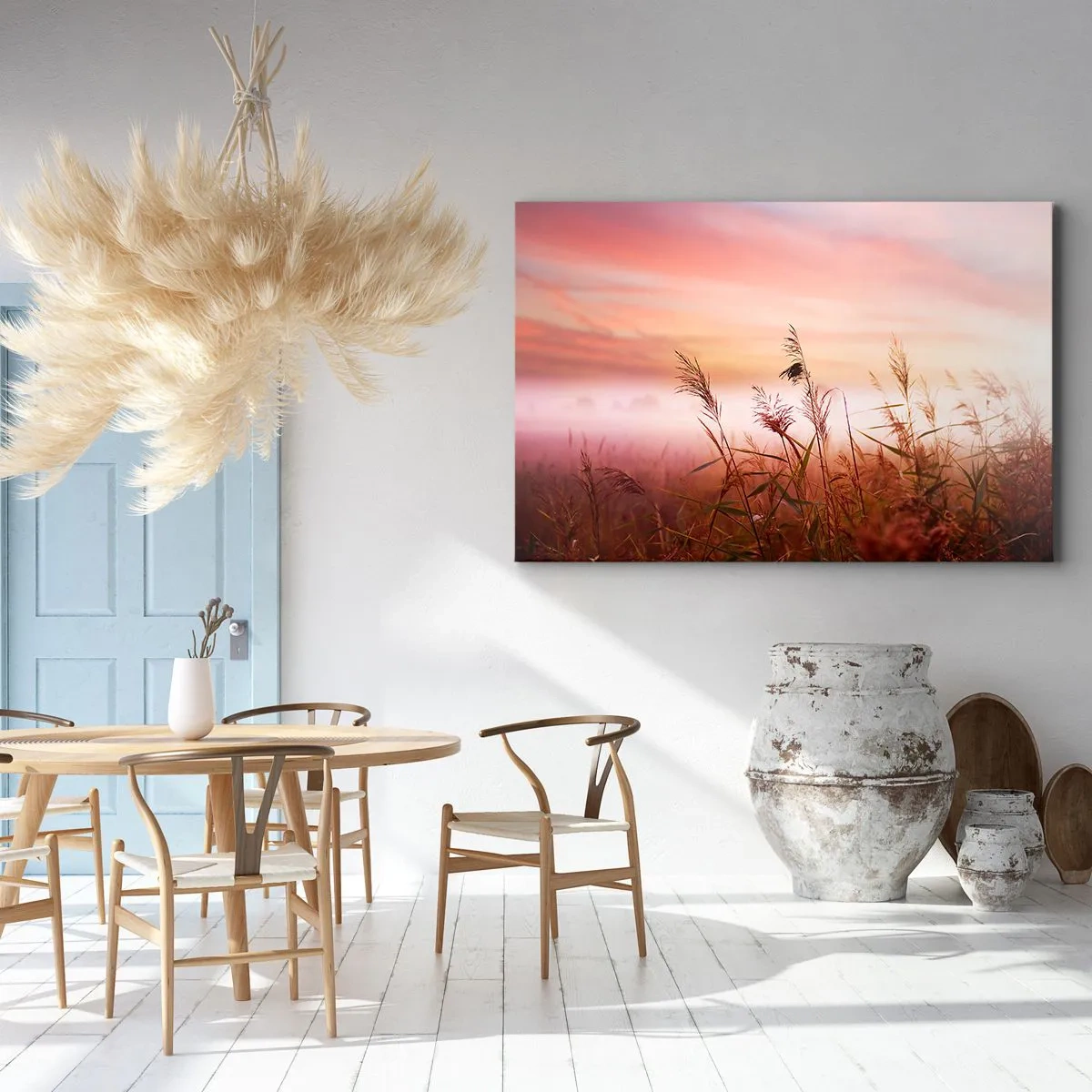 Quadro su tela - Stampe su Tela - Un campo d'erba sullo sfondo di un pittoresco tramonto - 120x80cm - Aquiloni, denti di leone, vento - Decorazione murale moderna per soggiorno e camera da letto ARTTOR
