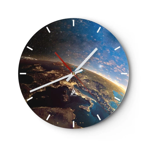 Orologio da parete - Orologio in Vetro - Vista della Terra dallo spazio con i continenti illuminati - 30x30cm - Guardiamoci da lontano - Decorazione murale moderna per soggiorno, cucina e camera da letto ARTTOR