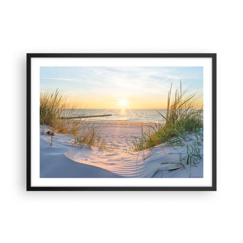 Poster in cornice nera - Una spiaggia sabbiosa con vista sul tramonto sul mare - 70x50cm - Rumore del mare, uccelli che cantano, spiaggia selvatica tra i cespugli... - Decorazione murale moderna per soggiorno e camera da letto ARTTOR
