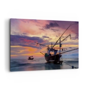 Quadro su tela - Stampe su Tela - Una barca da pesca sullo sfondo di un tramonto colorato - 120x80cm - Sera esotica - Decorazione murale moderna per soggiorno e camera da letto ARTTOR
