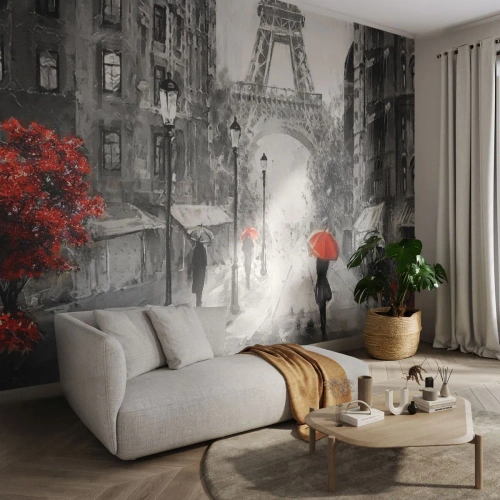 Fotomurali Premium Sand - Parigi in bianco e nero sotto la pioggia con accenti rossi - 100x70cm - Tutte le strade portano da lei - Decorazione murale moderna per soggiorno e camera da letto ARTTOR