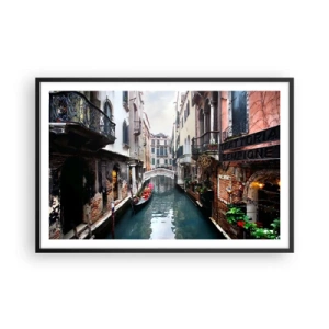 Poster in cornice nera - Paesaggio veneziano con gondola e ponte - 91x61 cm