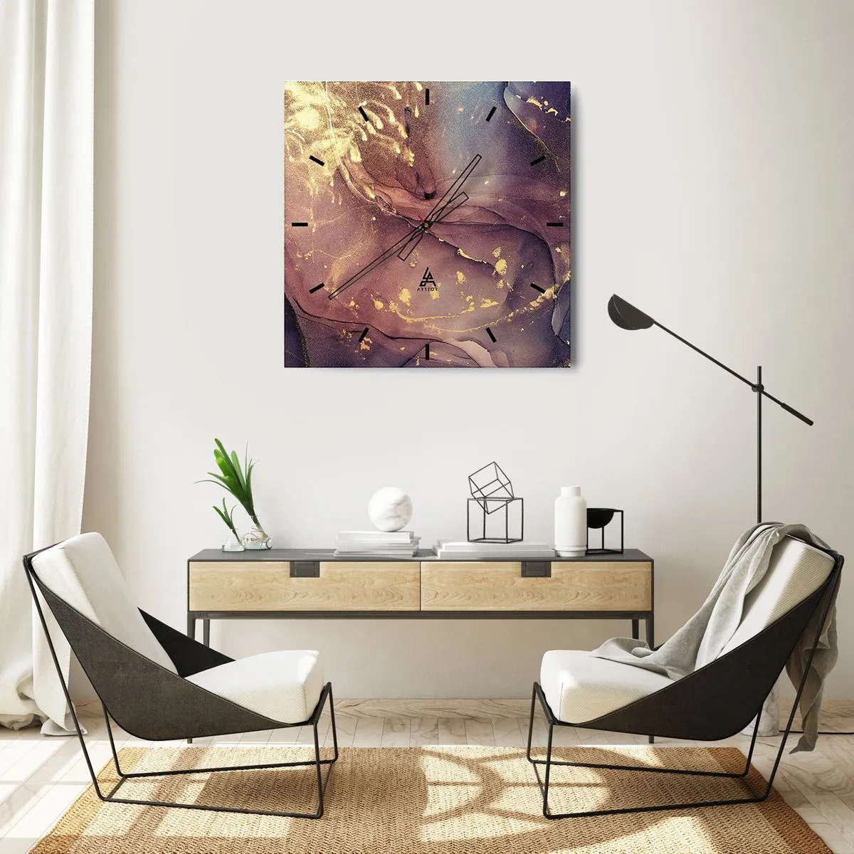 Orologio da parete - Orologio in Vetro - Composizione astratta con sfumature di oro e viola - 30x30cm - Materia e spirito - Decorazione murale moderna per soggiorno e camera da letto ARTTOR