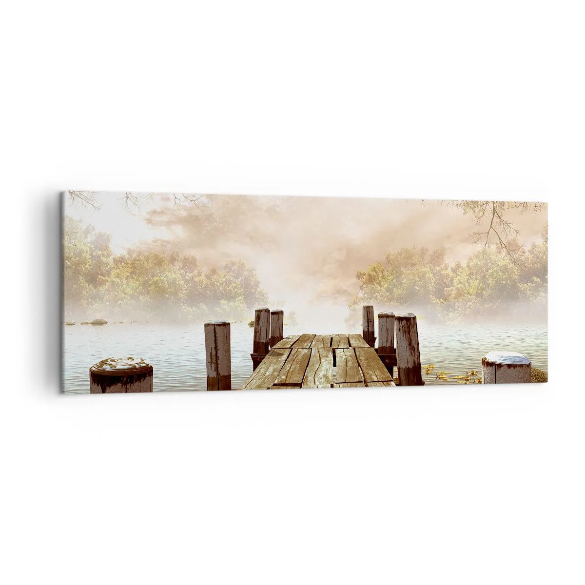 Quadro su tela - Stampe su Tela - Un molo di legno che conduce a un lago calmo nella nebbia mattutina - 140x50cm - La mite melanconia autunnale - Decorazione murale moderna per soggiorno e camera da letto ARTTOR