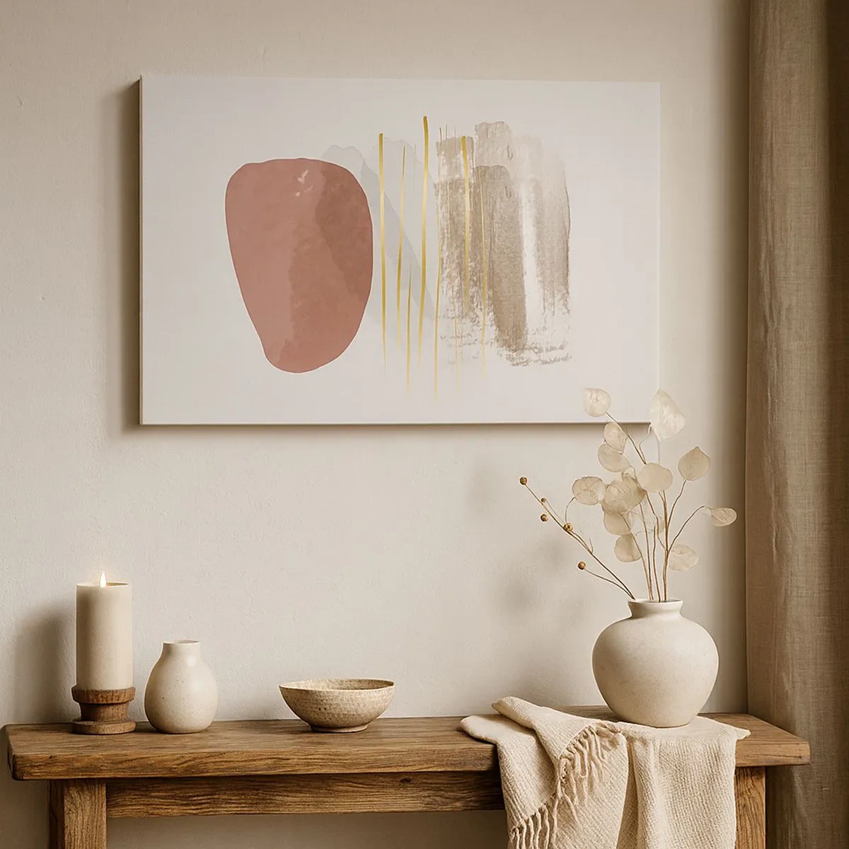 Quadro su tela - Stampe su Tela - Composizione astratta nei toni del beige e dell'oro - 70x50cm - Colonnato astratto - Decorazione murale moderna per soggiorno e camera da letto ARTTOR