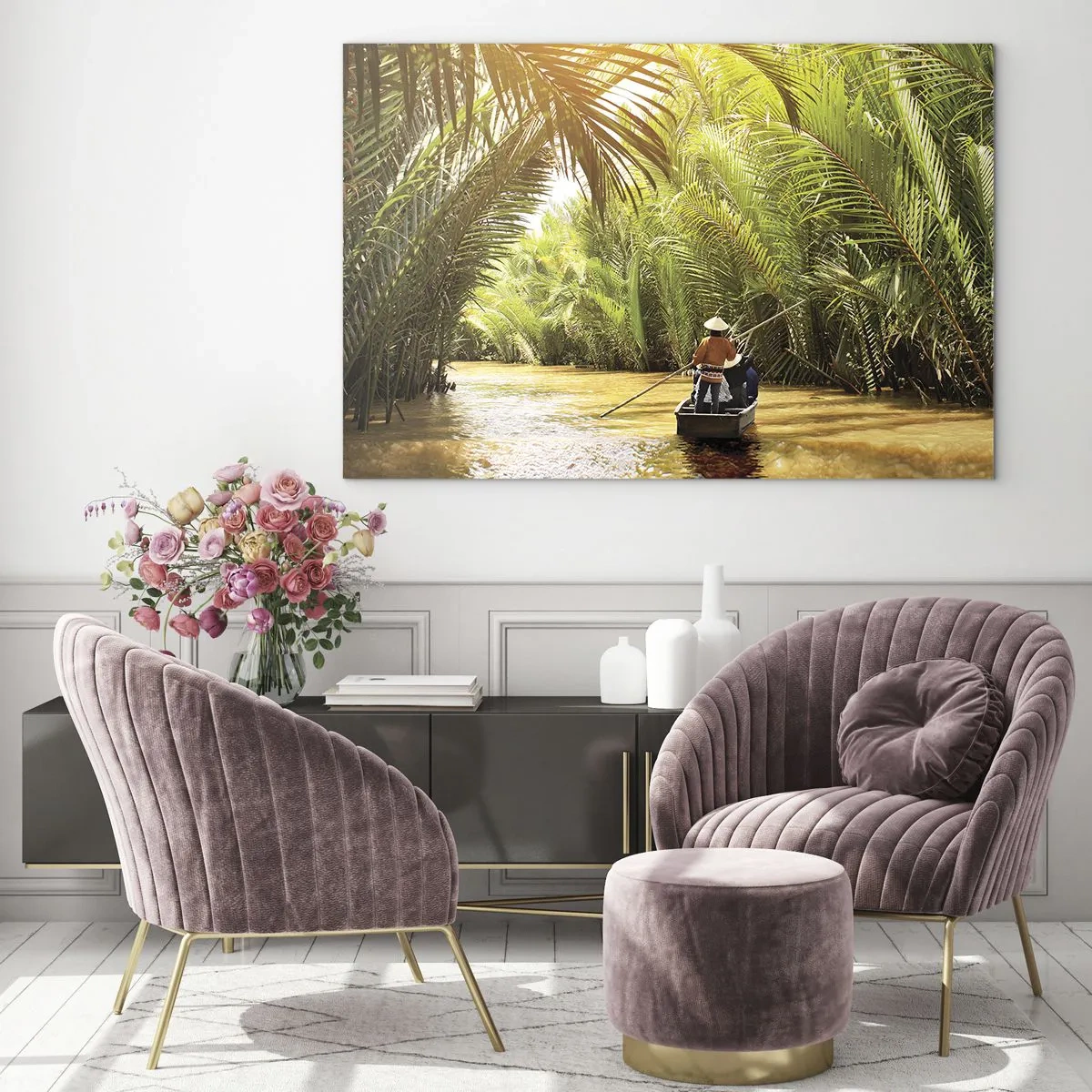 Quadro su vetro - Una barca con un uomo che la rema naviga attraverso una gola circondata da palme - 70x50cm - Tunnel di palme - Decorazione murale moderna per soggiorno e camera da letto ARTTOR