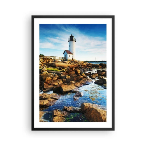 Poster in cornice nera - Un faro su una costa rocciosa in una giornata di sole - 50x70cm - Tornate sani e salvi, vi aspetto - Decorazione murale moderna per soggiorno e camera da letto ARTTOR