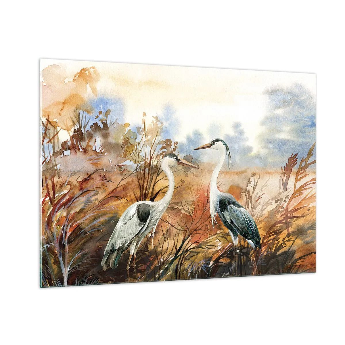 Quadro su vetro - Due gru in un paesaggio autunnale dipinto ad acquerello - 100x70cm - Dove in autunno? - Decorazione murale moderna per soggiorno e camera da letto ARTTOR