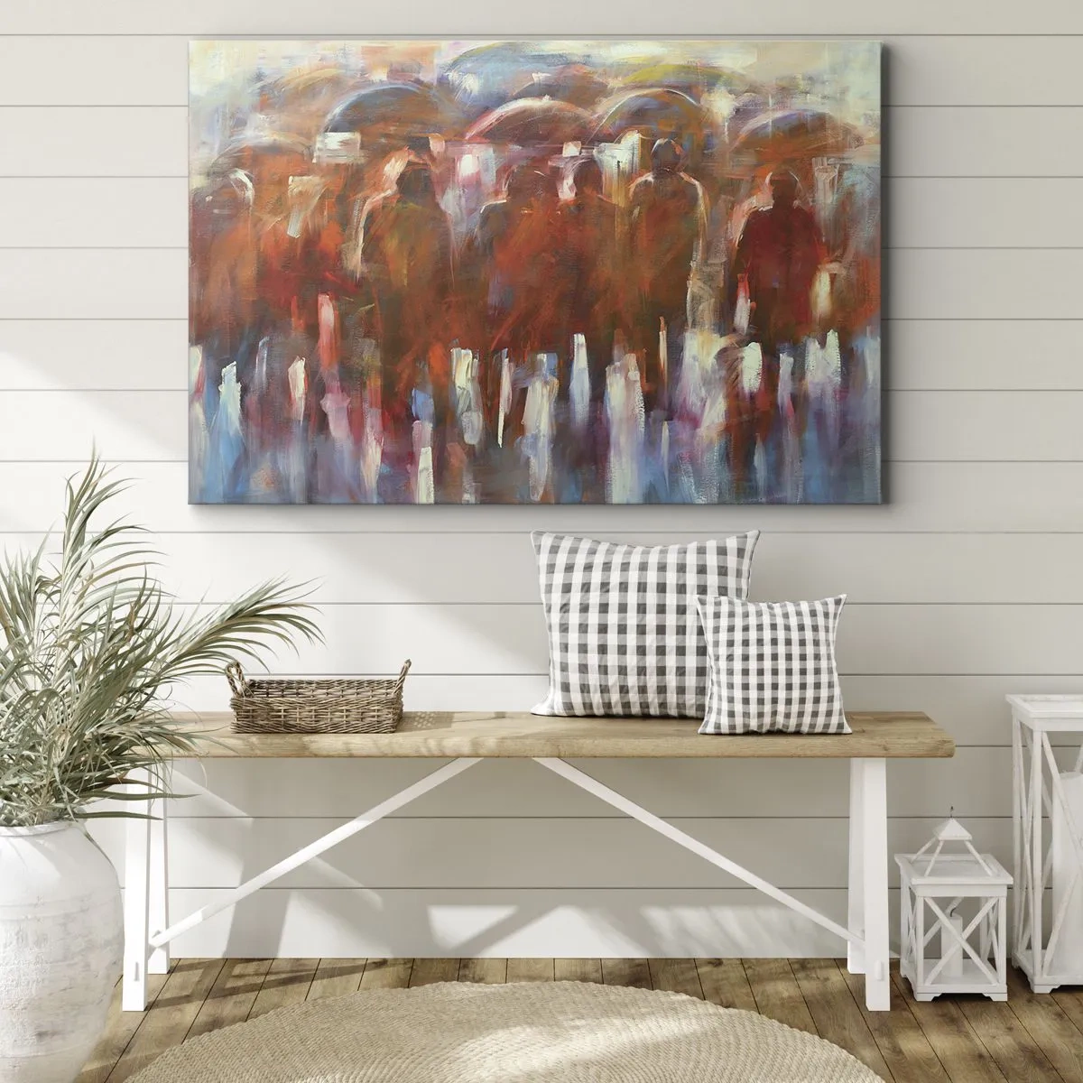 Quadro su tela - Stampe su Tela - Una folla di persone con ombrelli in un ambiente piovoso e artistico - 120x80cm - Uguali nella pioggia e nella nebbia - Decorazione murale moderna per soggiorno e camera da letto ARTTOR