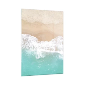 Quadro su vetro - Vista aerea della spiaggia con acqua turchese e onde bianche - 50x70cm - Un tocco carezzevole - Decorazione murale moderna per soggiorno e camera da letto ARTTOR