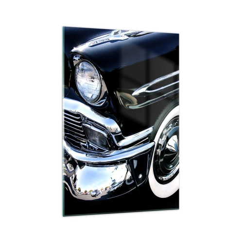Quadro su vetro - Primo piano del faro e del parafango di un'auto classica nera - 70x100cm - Classicità in argento, nero e bianco - Decorazione murale moderna per soggiorno e camera da letto ARTTOR