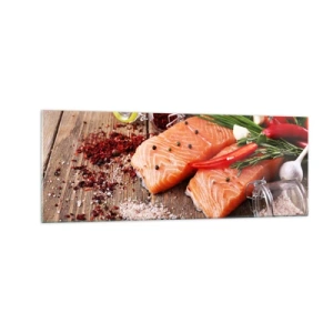 Quadro su vetro - Filetti di salmone con spezie su fondo di legno - 140x50cm - Avventura norvegese in cucina - Decorazione murale moderna per soggiorno e camera da letto ARTTOR