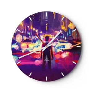 Orologio da parete - Orologio in Vetro - Una figura sullo sfondo di una città colorata di notte - 30x30cm - Immerso nella luce - Decorazione murale moderna per soggiorno, cucina e camera da letto ARTTOR
