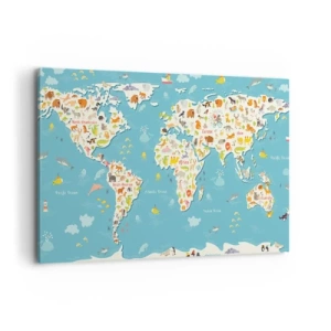 Quadro su tela - Stampe su Tela - Mappa del mondo colorata con illustrazioni di animali - 100x70cm - Amiamo tutto il mondo - Decorazione murale moderna per soggiorno e camera da letto ARTTOR