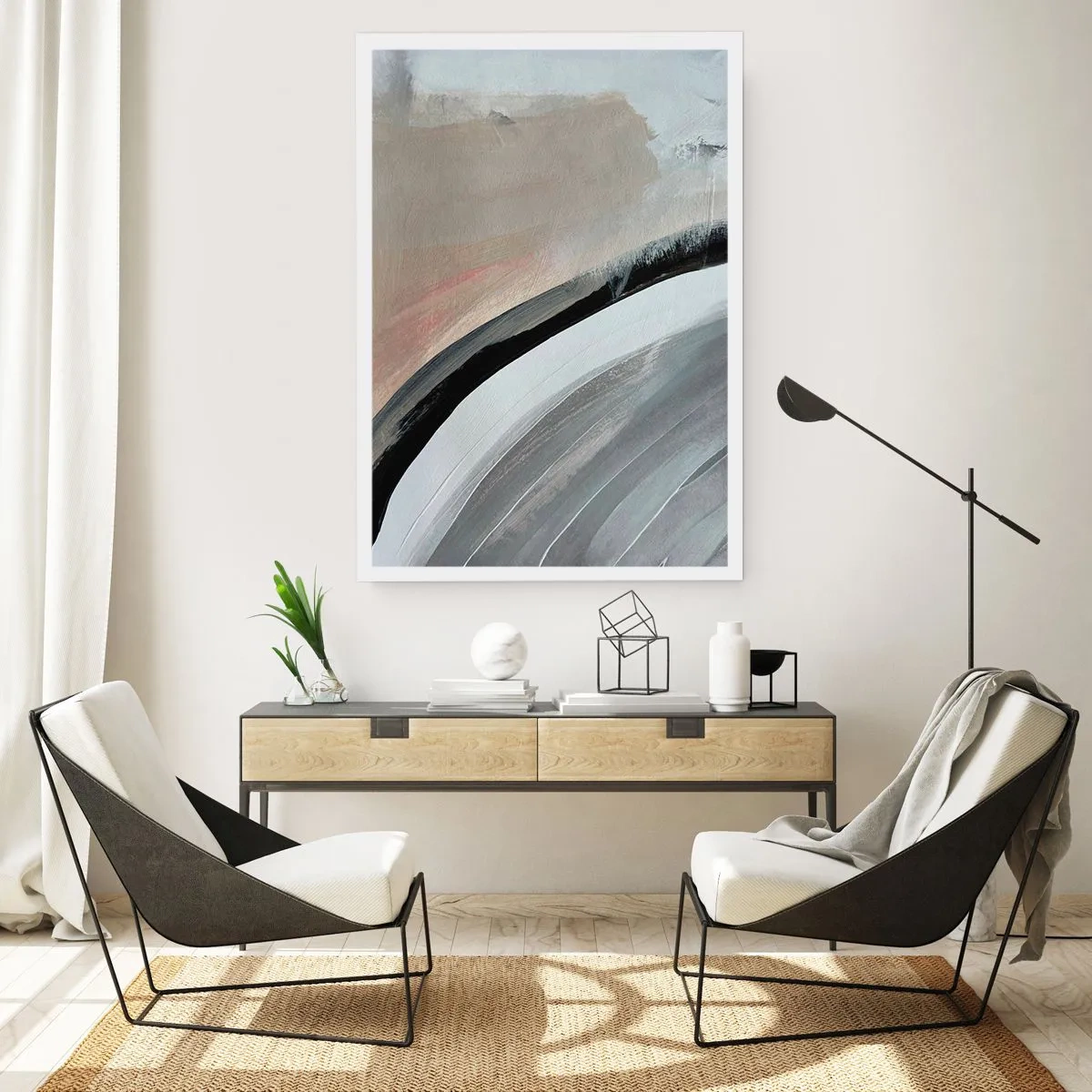 Poster - Composizione astratta con linee nelle tonalità del grigio e del beige. - 50x70cm - Composizione: arco di nero e grigio - Decorazione murale moderna per soggiorno e camera da letto ARTTOR