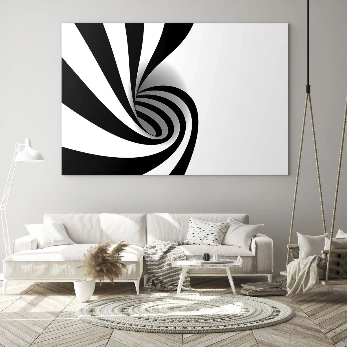 Quadro su vetro - Spirale astratta in bianco e nero dalla forma dinamica - 120x80cm - Eppur si muove - Decorazione murale moderna per soggiorno e camera da letto ARTTOR
