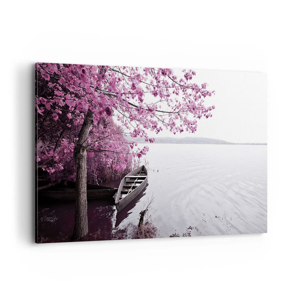 Quadro su tela - Stampe su Tela - Una barca sulla riva di un lago tra alberi rosa - 120x80cm - Nel silenzio rosa - Decorazione murale moderna per soggiorno e camera da letto ARTTOR