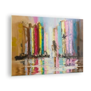 Quadro su vetro - Una donna con un uccello sullo sfondo di edifici colorati - 70x50cm - Seguimi - Decorazione murale moderna per soggiorno e camera da letto ARTTOR